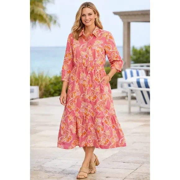 J.McLaughlin Foley Linen-Blend Dress Pink Trinidad Abstract Medium Beachy Resort - Picture 1 of 14